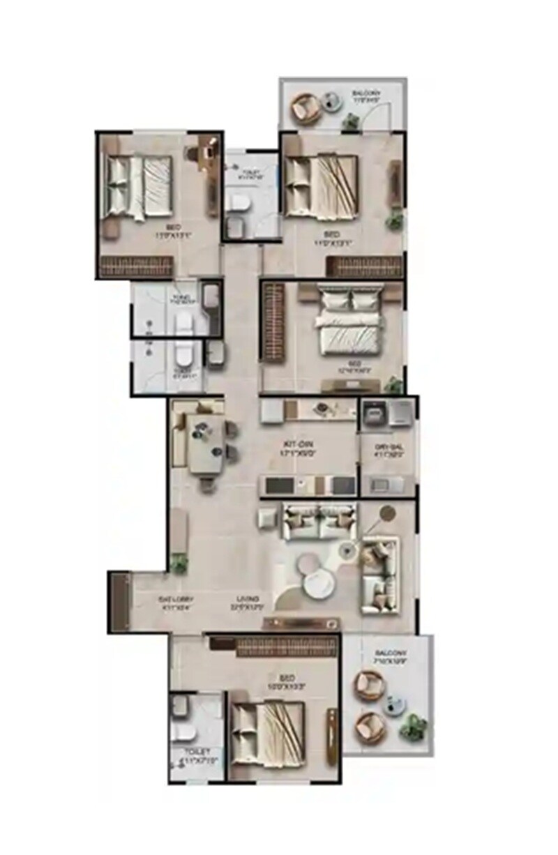 Floor plan of 4 BHK 1489 Sq. Ft. Apartment in Icon Friends Nook Apartment, Pune