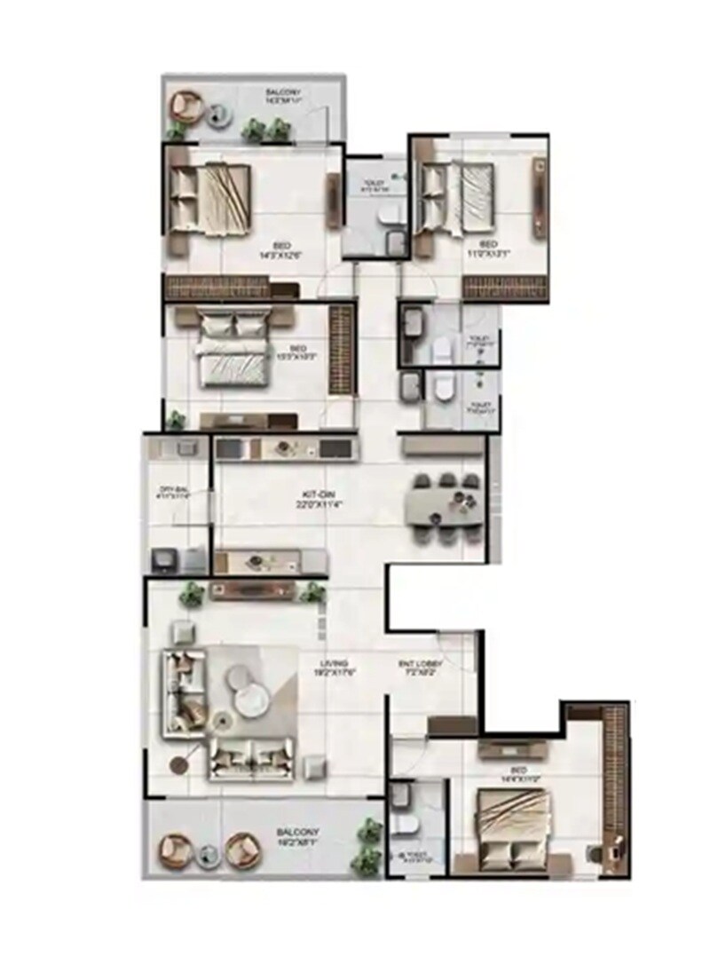 Floor plan of 4 BHK 1827 Sq. Ft. Apartment in Icon Friends Nook Apartment, Pune