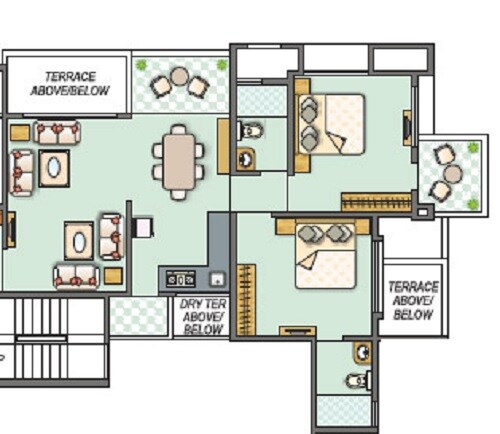 Floor plan of 2 BHK 888 Sq. Ft. Apartment in Icon Westwood Estates, Pune