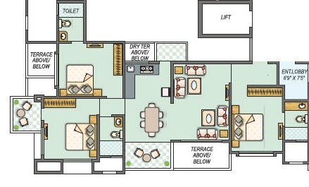 Floor plan of 3 BHK 1092 Sq. Ft. Apartment in Icon Westwood Estates, Pune
