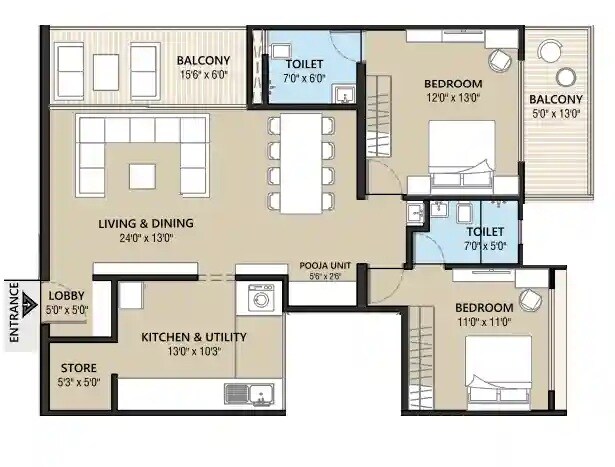 Floor plan of 2 BHK 1106 Sq. Ft. Apartment in Iconic 5 Senses iLife, Pune