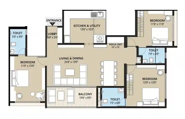 Floor plan of 3 BHK 1226 Sq. Ft. Apartment in Iconic 5 Senses iLife, Pune