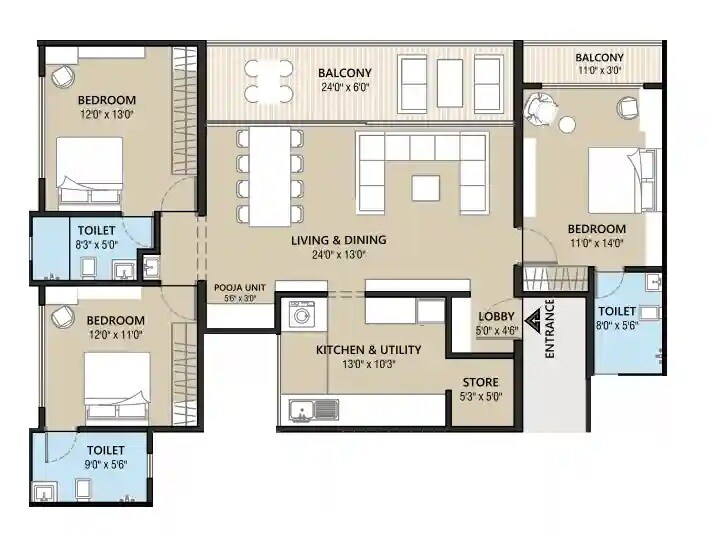 3 BHK 1368 Sq. Ft. Apartment