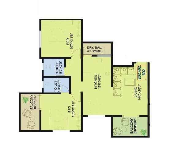 Floor plan of 2 BHK 721 Sq. Ft. Apartment in Ideal Avenue, Pune