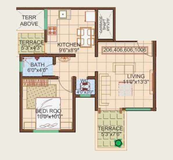 Floor plan of 1 BHK 485 Sq. Ft. Apartment in Ideal Balaji Vishwa, Pune