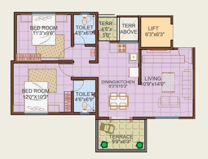 Floor plan of 2 BHK 893 Sq. Ft. Apartment in Ideal Balaji Vishwa, Pune
