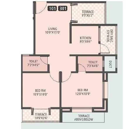 Floor plan of 2 BHK 546 Sq. Ft. Apartment in Impact Imperial, Pune