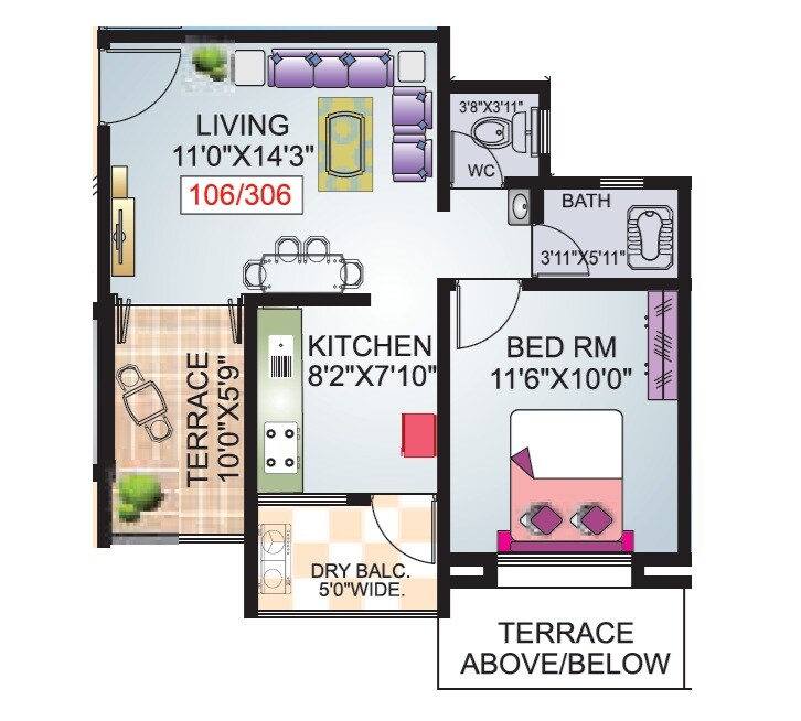 Floor plan of 1 BHK 447 Sq. Ft. Apartment in Impulse Residency, Pune