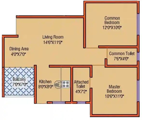 Floor plan of 2 BHK 635 Sq. Ft. Apartment in Indraprastha Utsav, Pune