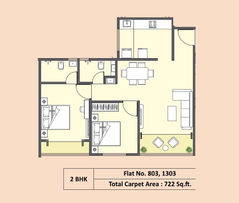 Floor plan of 2 BHK 722 Sq. Ft. Apartment in Infini Jagtap City, Pune