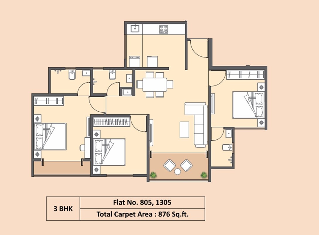 Floor plan of 3 BHK 977 Sq. Ft. Apartment in Infini Jagtap City, Pune