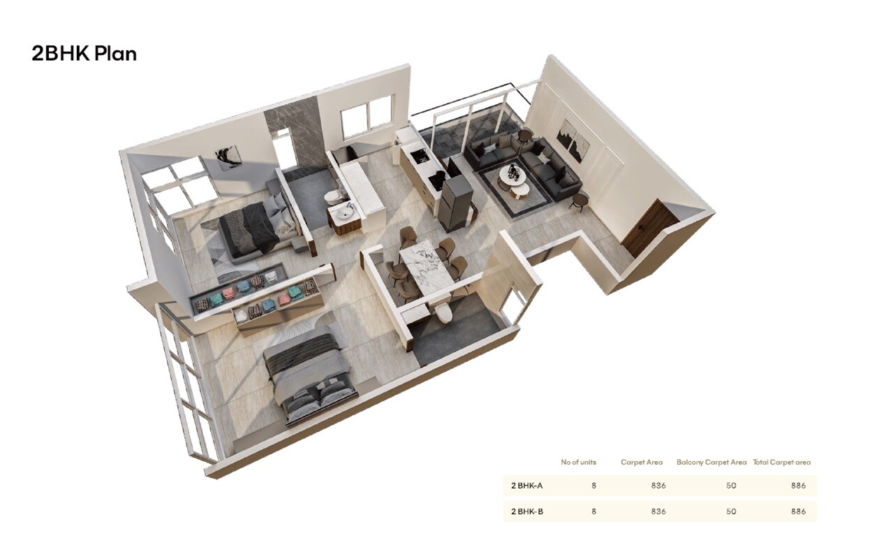 Floor plan of 2 BHK 886 Sq. Ft. Apartment in Infinia Vista, Pune