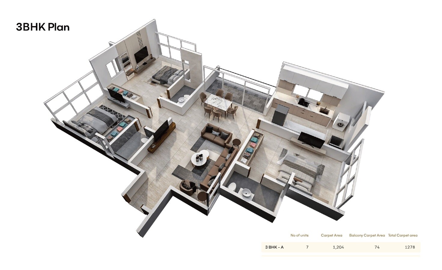 Floor plan of 3 BHK 1278 Sq. Ft. Apartment in Infinia Vista, Pune