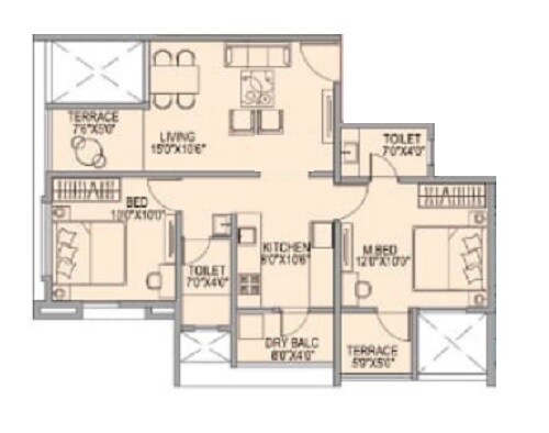 Floor plan of 2 BHK 564 Sq. Ft. Apartment in Infinity Sacred Basil, Pune