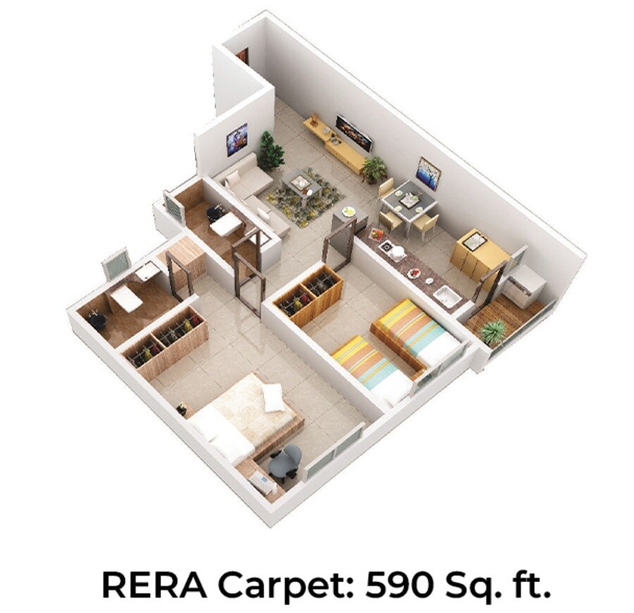Floor plan of 2 BHK 590 Sq. Ft. Apartment in Iravati Apartment, Pune