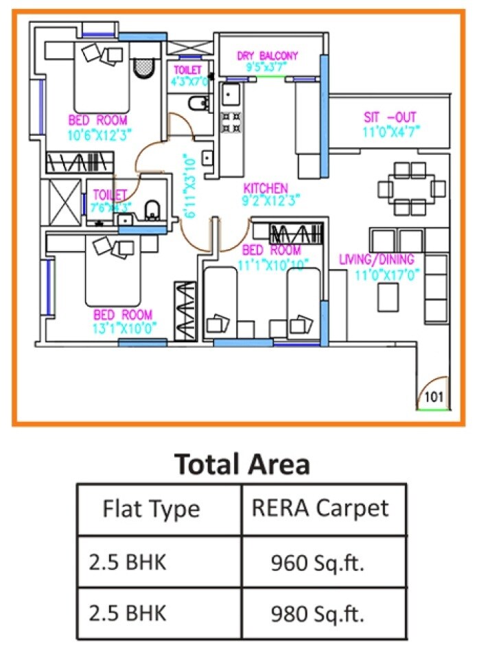Floor plan of 2 BHK 960 Sq. Ft. Apartment in Iravati Apartment, Pune