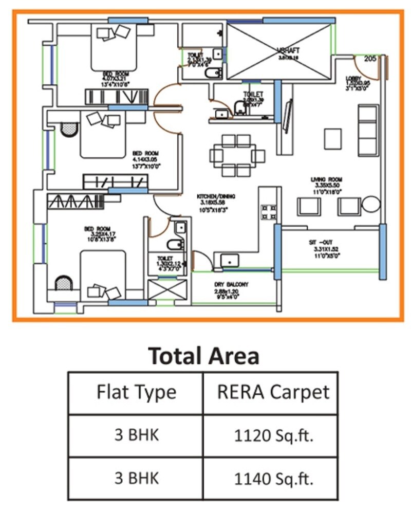 Floor plan of 3 BHK 1120 Sq. Ft. Apartment in Iravati Apartment, Pune