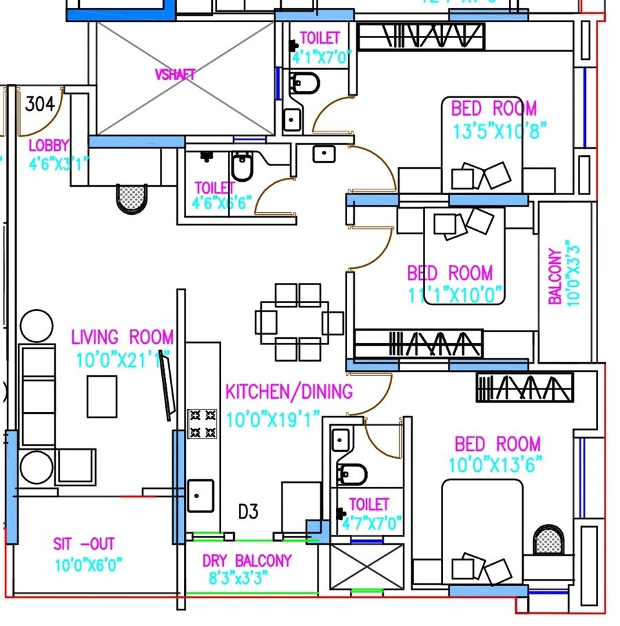Floor plan of 3 BHK 1226 Sq. Ft. Apartment in Iravati Apartment, Pune