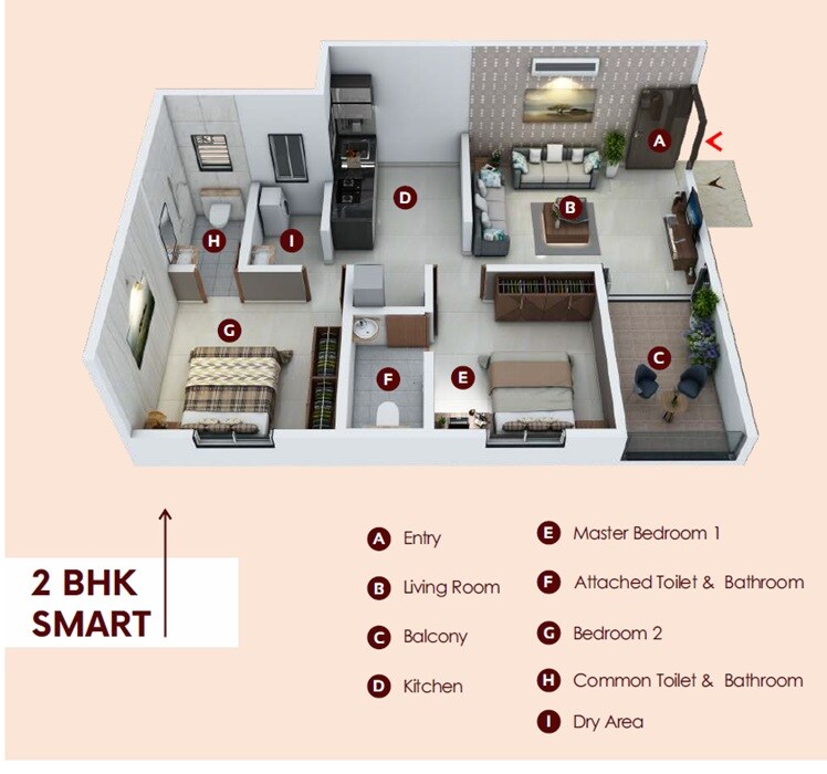 Floor plan of 2 BHK 584 Sq. Ft. Apartment in Iris Capetown Heights, Pune