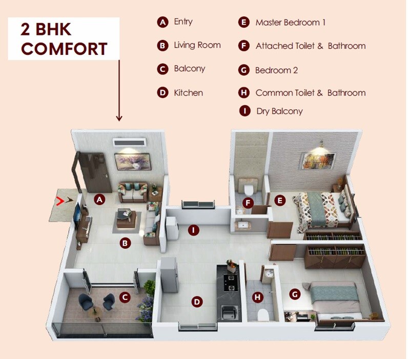 Floor plan of 2 BHK 656 Sq. Ft. Apartment in Iris Capetown Heights, Pune