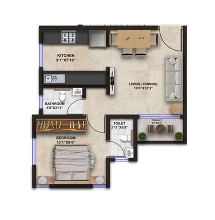 Floor plan of 1 BHK 346 Sq. Ft. Apartment in Iristo Gold, Pune