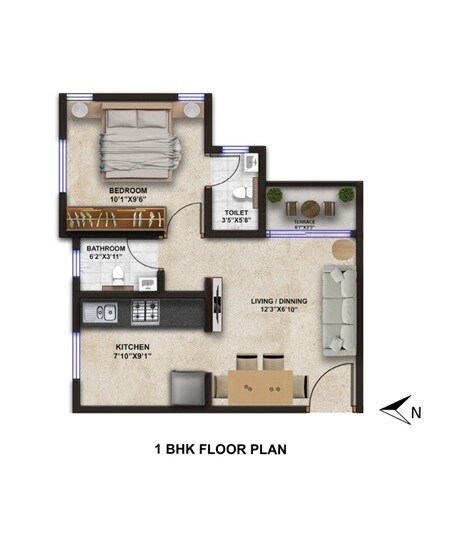 Floor plan of 1 BHK 340 Sq. Ft. Apartment in Iristo Gold, Pune