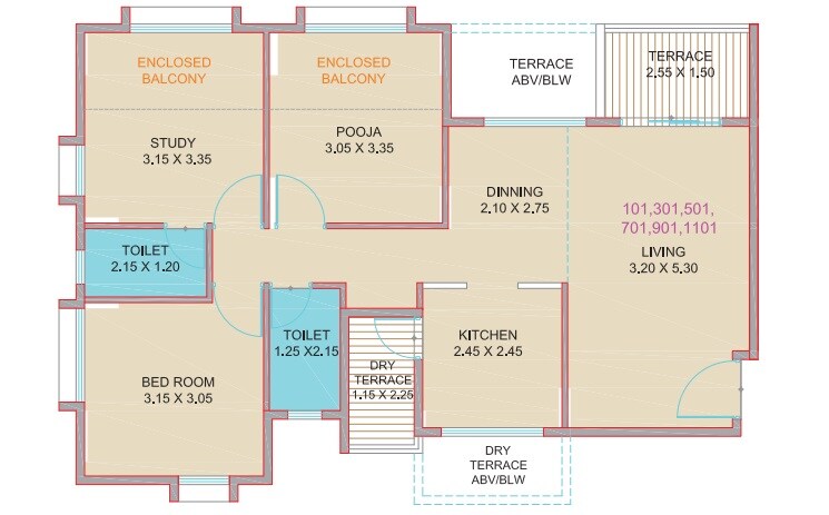 Floor plan of 1 BHK 804 Sq. Ft. Apartment in Ishwar Parmar River Residency, Pune
