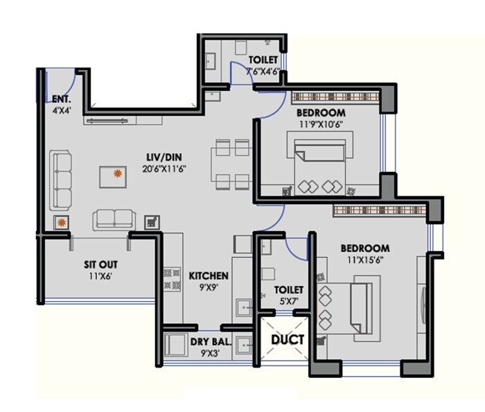 Floor plan of 2 BHK 856 Sq. Ft. Apartment in Ivory Vivanta, Pune