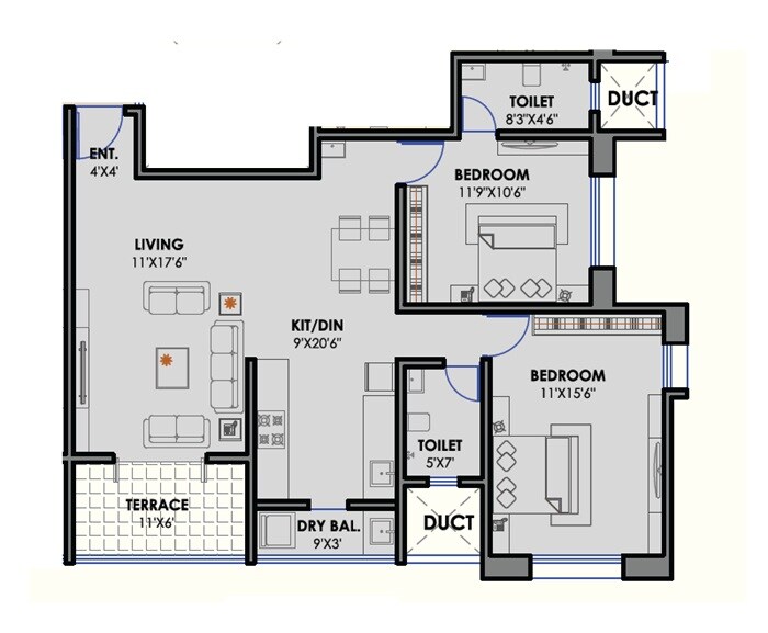 Floor plan of 2 BHK 927 Sq. Ft. Apartment in Ivory Vivanta, Pune