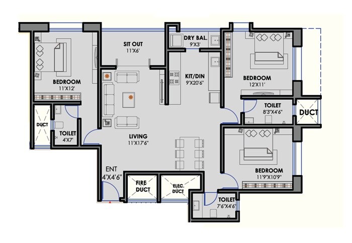 Floor plan of 3 BHK 1084 Sq. Ft. Apartment in Ivory Vivanta, Pune