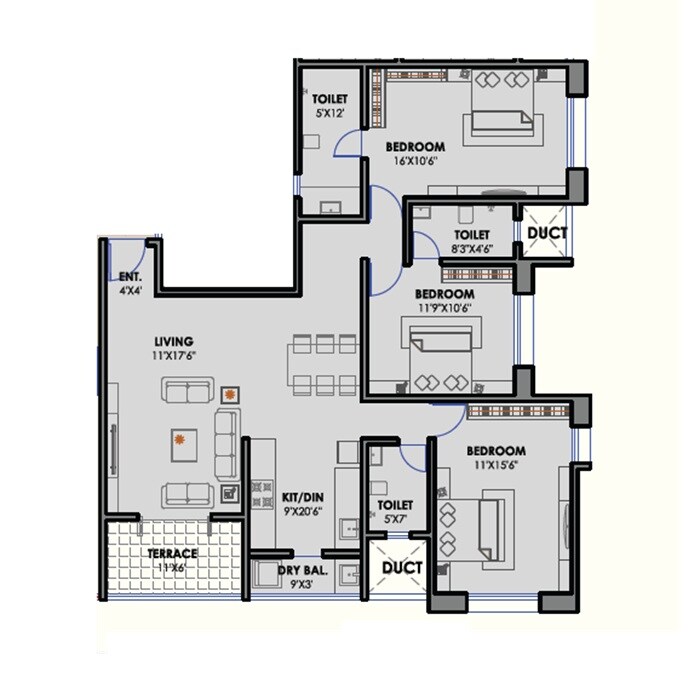 Floor plan of 3 BHK 1206 Sq. Ft. Apartment in Ivory Vivanta, Pune