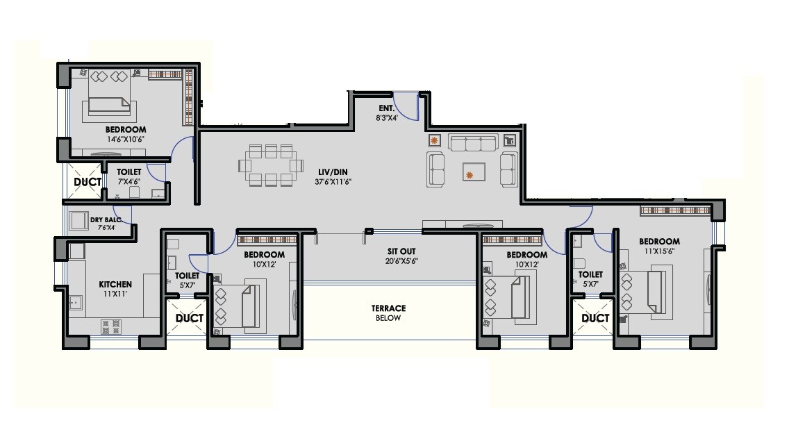 Floor plan of 4 BHK 1528 Sq. Ft. Apartment in Ivory Vivanta, Pune