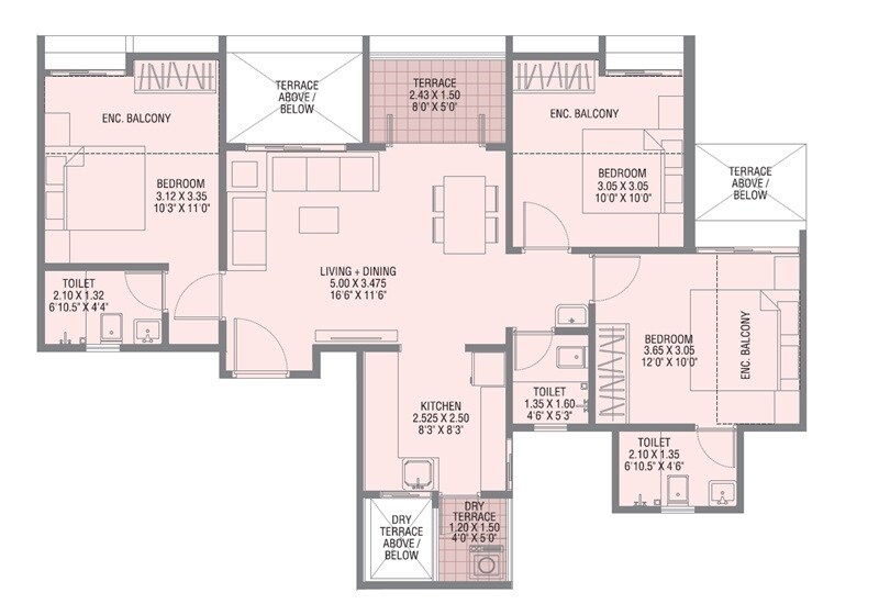 Floor plan of 3 BHK 800 Sq. Ft. Apartment in J N Adiamville, Pune