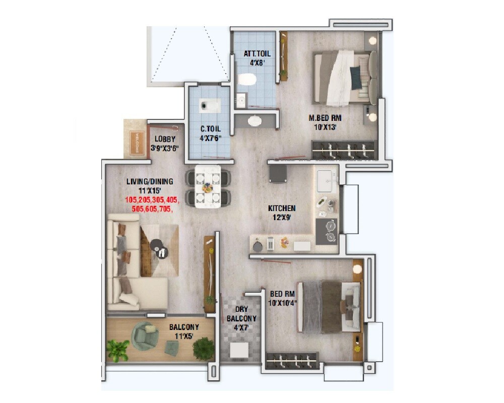 Floor plan of 2 BHK Apartment - 717 sq. ft. in Jadhav Crystal Tower, Pune