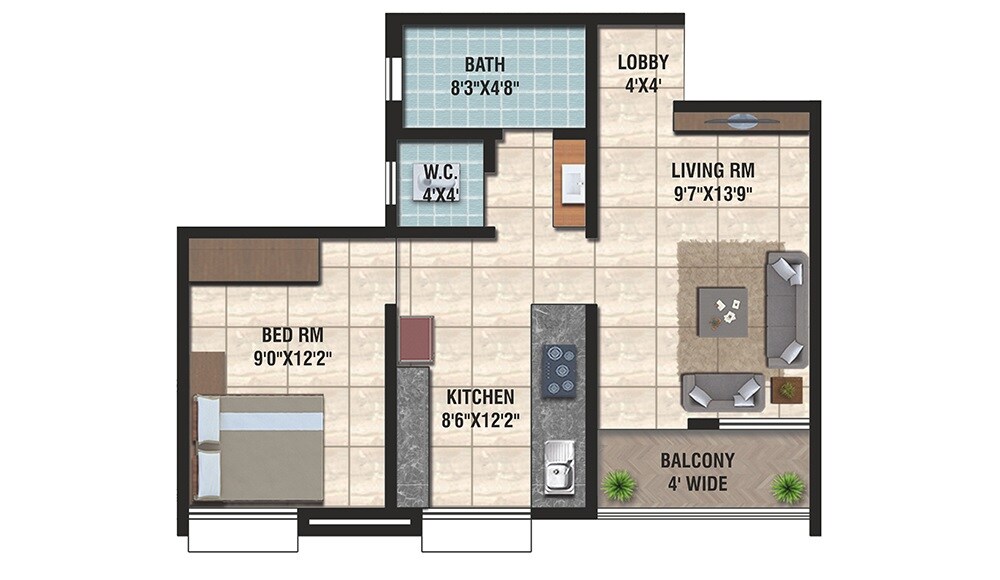 Floor plan of 1 BHK 490 Sq. Ft. Apartment in Jadhav Dwarka Heights, Pune