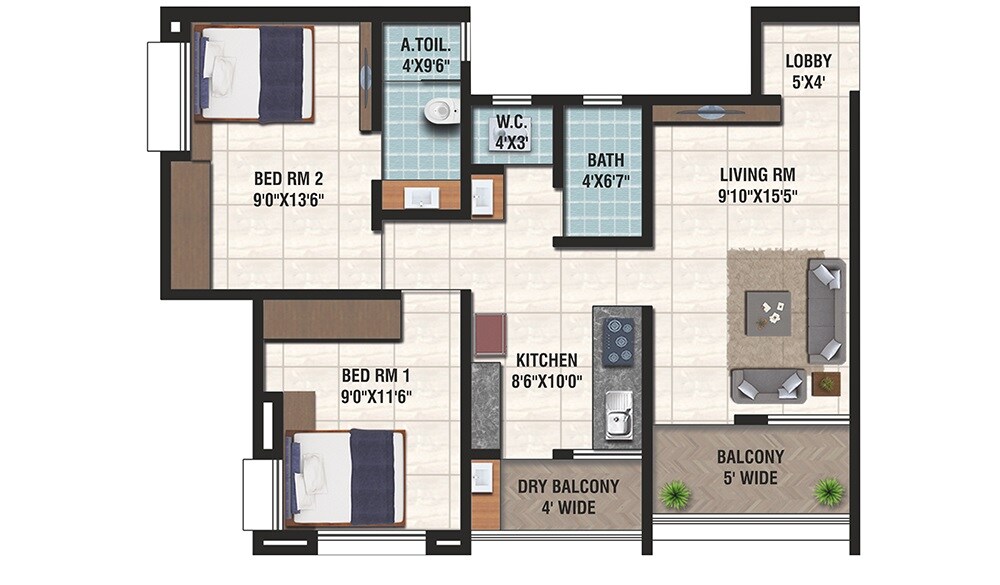Floor plan of 2 BHK 707 Sq. Ft. Apartment in Jadhav Dwarka Heights, Pune