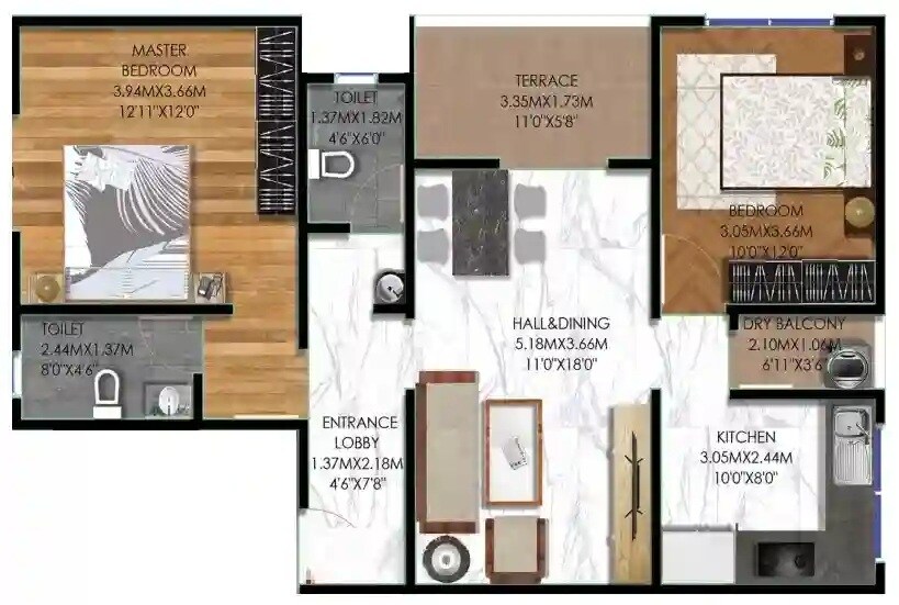 2 BHK 909 Sq. Ft. Apartment