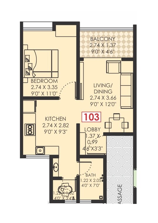 Floor plan of 1 BHK 430 Sq. Ft. Apartment in Jai Raghukul Residency, Pune