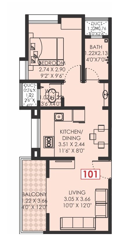 Floor plan of 1 BHK 448 Sq. Ft. Apartment in Jai Raghukul Residency, Pune