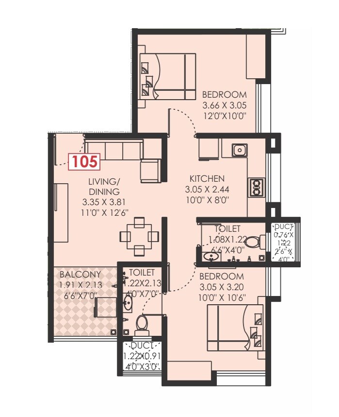 Floor plan of 2 BHK 598 Sq. Ft. Apartment in Jai Raghukul Residency, Pune