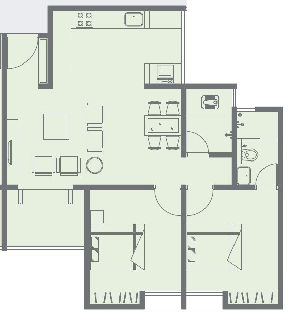 Floor plan of 2 BHK 730 Sq. Ft. Apartment in Jai Vishnu Greens, Pune