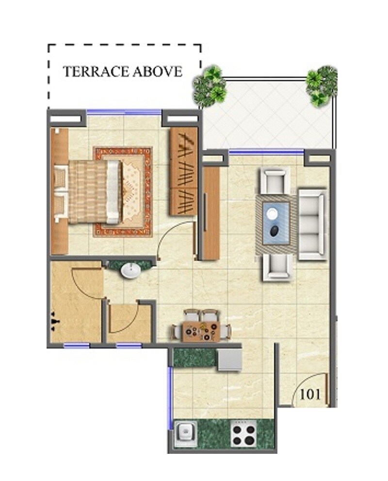Floor plan of 1 BHK 384 Sq. Ft. Apartment in Jaihind Residency, Pune
