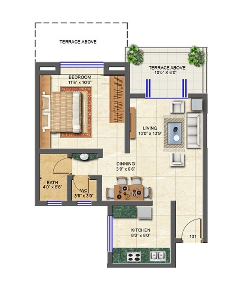 Floor plan of 1 BHK 435 Sq. Ft. Apartment in Jaihind Residency, Pune