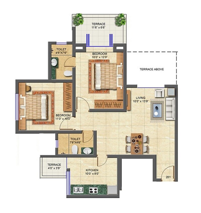 Floor plan of 2 BHK 601 Sq. Ft. Apartment in Jaihind Residency, Pune