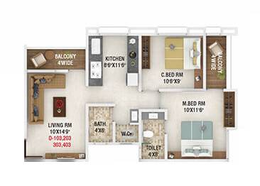 Floor plan of 2 BHK 636 Sq. Ft. Apartment in Jaihind Silver Park, Pune