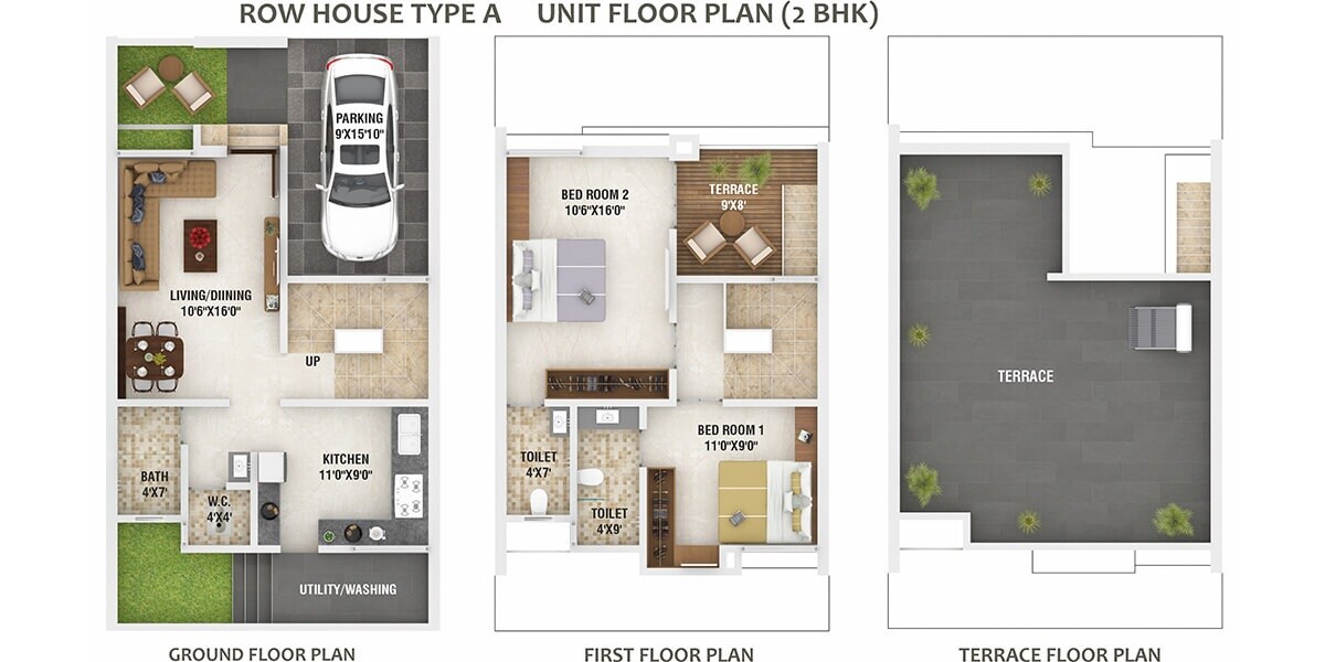 Floor plan of 2 BHK 887 Sq. Ft. Row House in Jaihind Silver Park, Pune