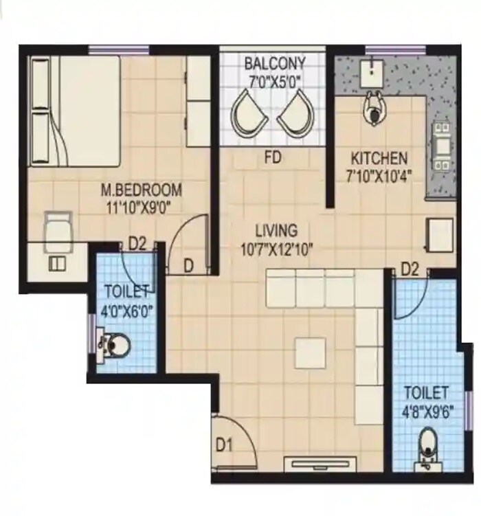 Floor plan of 1 BHK 413 Sq. Ft. Apartment in Jain Kudale Royal Empire, Pune