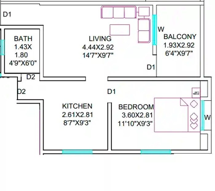 Floor plan of 1 BHK 449 Sq. Ft. Apartment in Jain Kudale Royal Empire, Pune