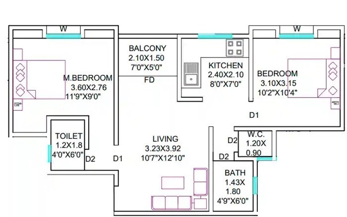 Floor plan of 2 BHK 558 Sq. Ft. Apartment in Jain Kudale Royal Empire, Pune