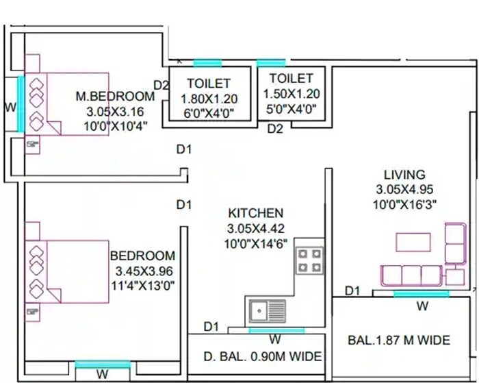 Floor plan of 2 BHK 637 Sq. Ft. Apartment in Jain Kudale Royal Empire, Pune